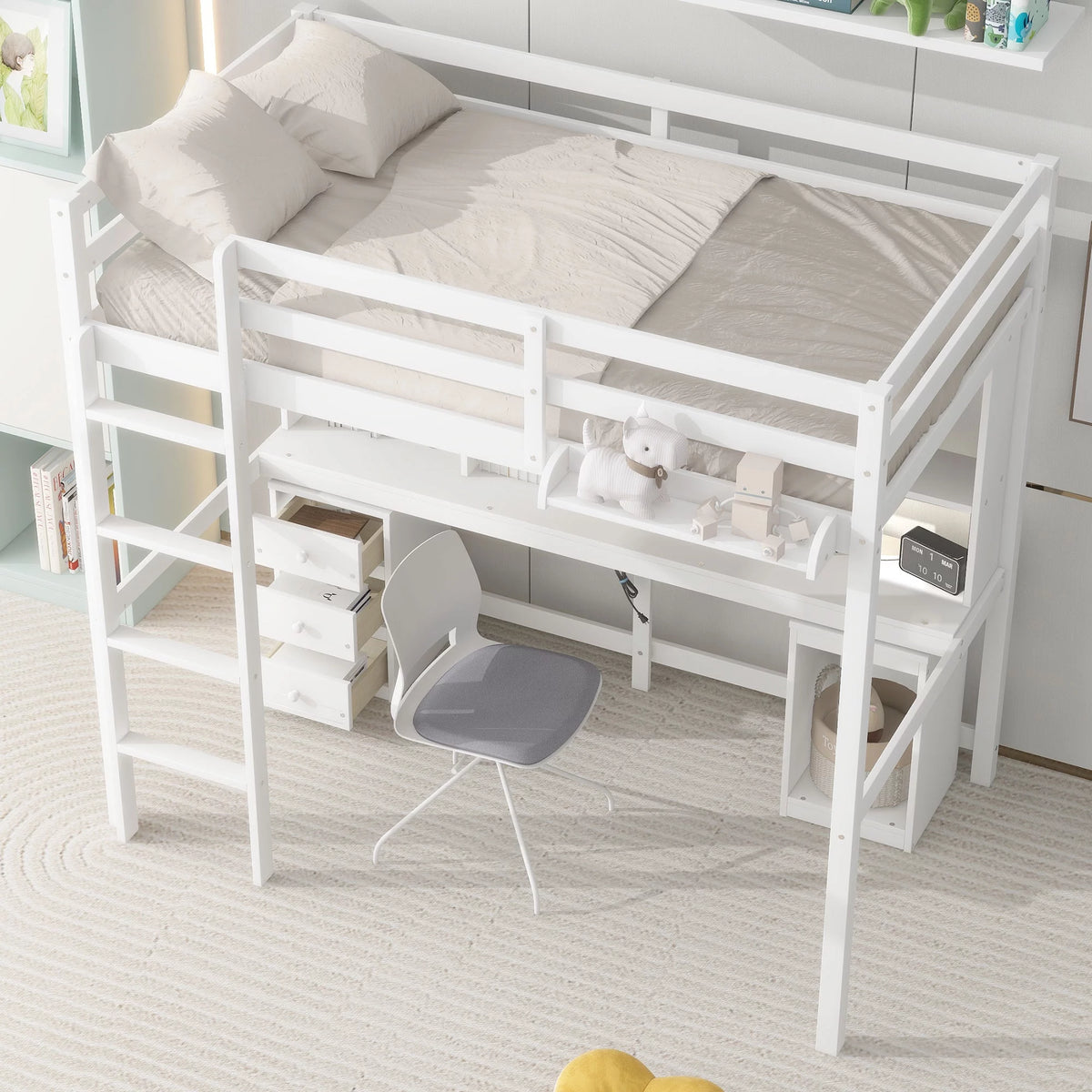 White Twin Size Loft Bed with Built-in Desk and 3 Drawers S8746