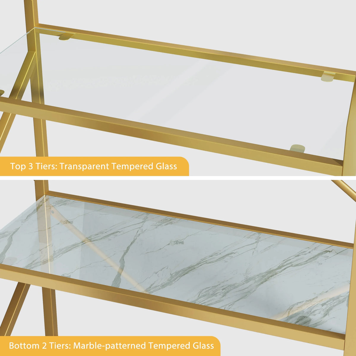 Gold 5 Tier Glass Shelves Bookshelf R519359