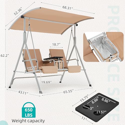 2 Seat Outdoor Porch Swing with Adjustable Canopy and Cushions R623849