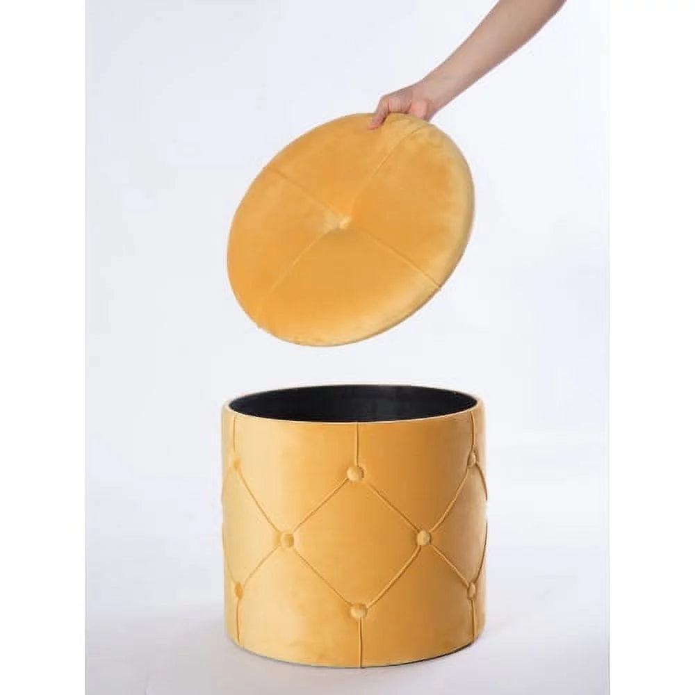 Round Wooden Velvet Ottoman Stool with Lid N686393