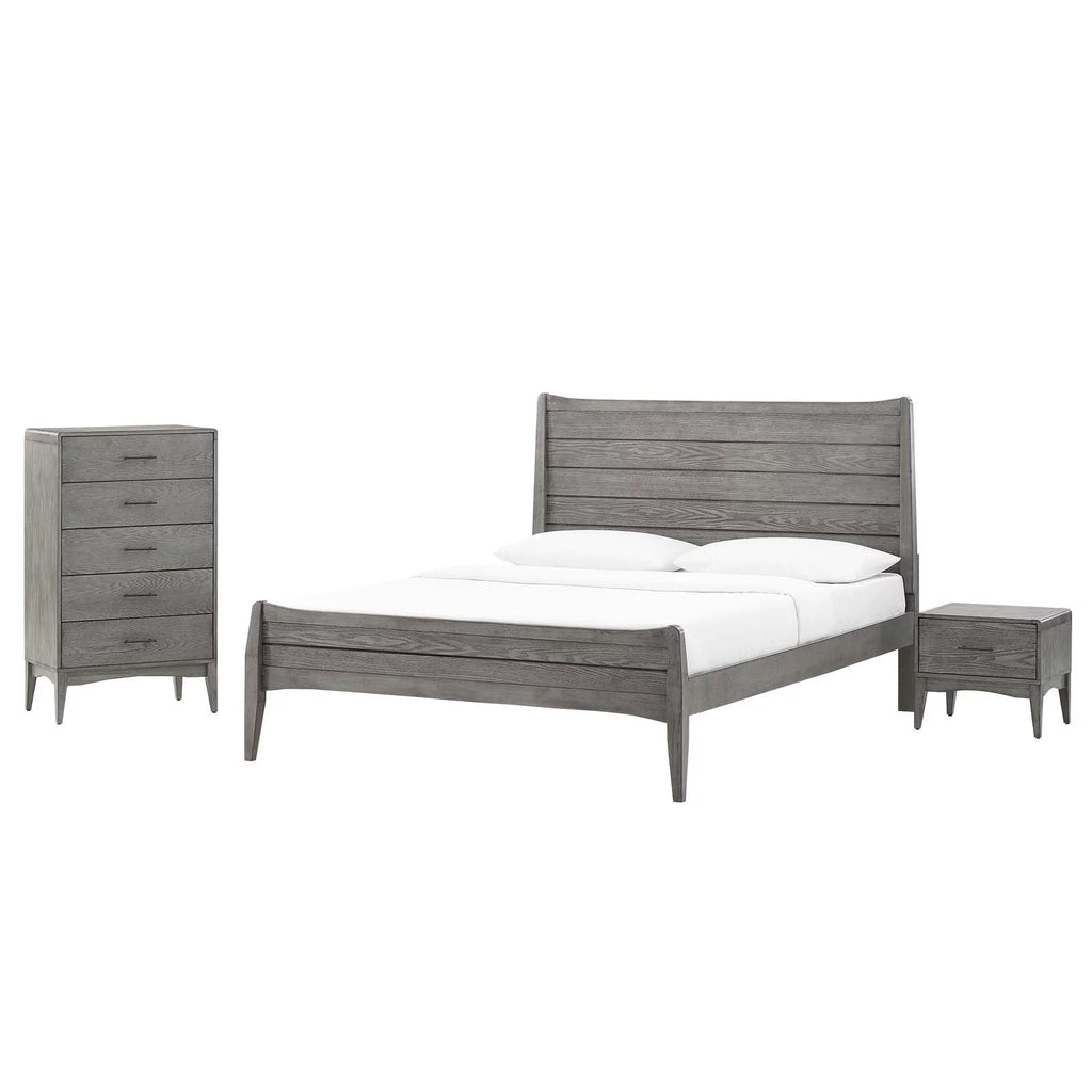 King Size Grey Wood Platform Bed Chest Nightstand Set P973358
