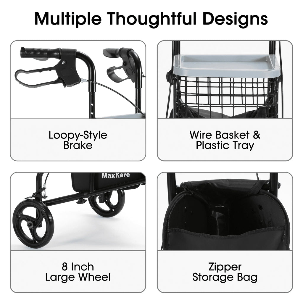 3-Wheel Rollator Walker with Basket & Tray, Black W863868