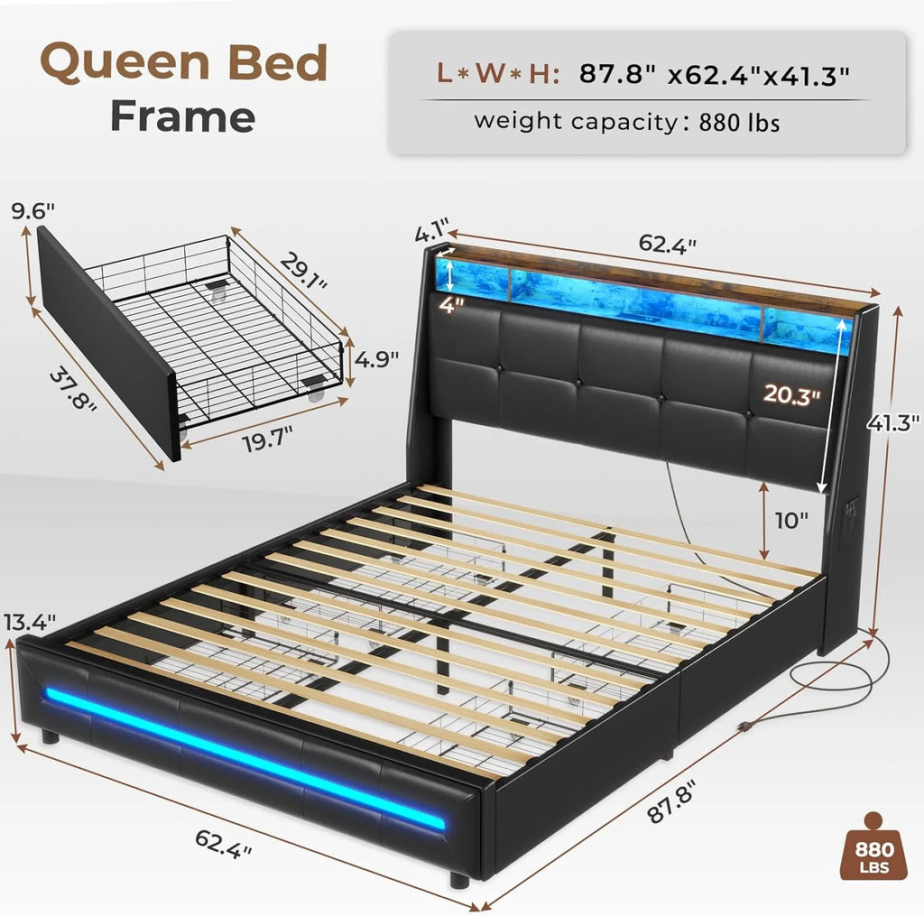 Black Queen Size Upholstered Platform Bed Frame with 4 Drawers A440047