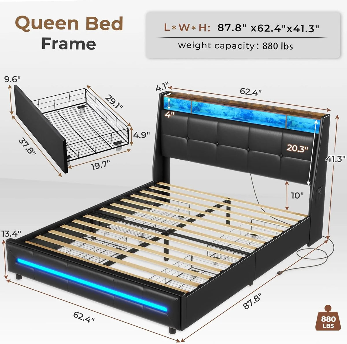 Black Queen Size Upholstered Platform Bed Frame with 4 Drawers A440047