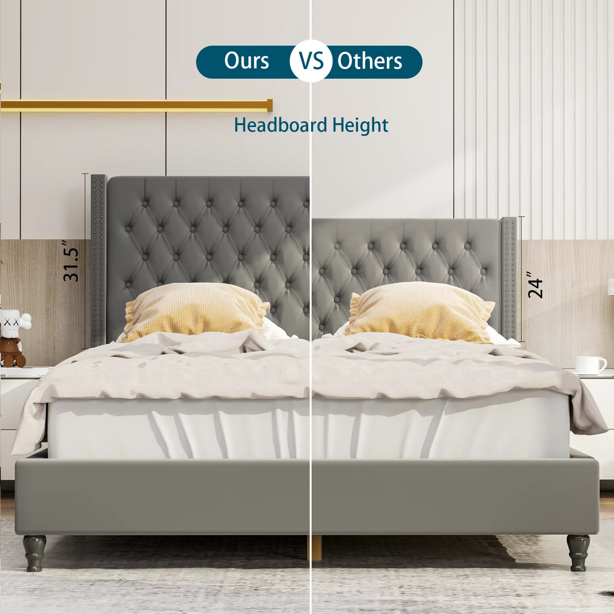 King Upholstered Tufted Platform Bed with Wooden Slats Gray G988