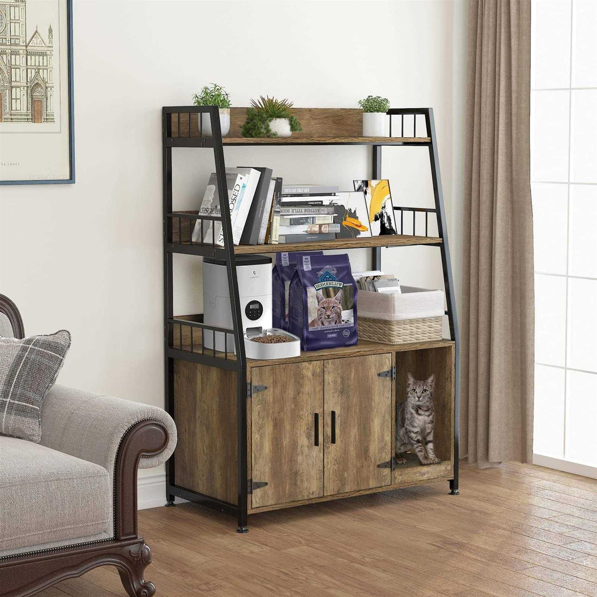 Wood Cat Litter Box Enclosure with Shelf M3722