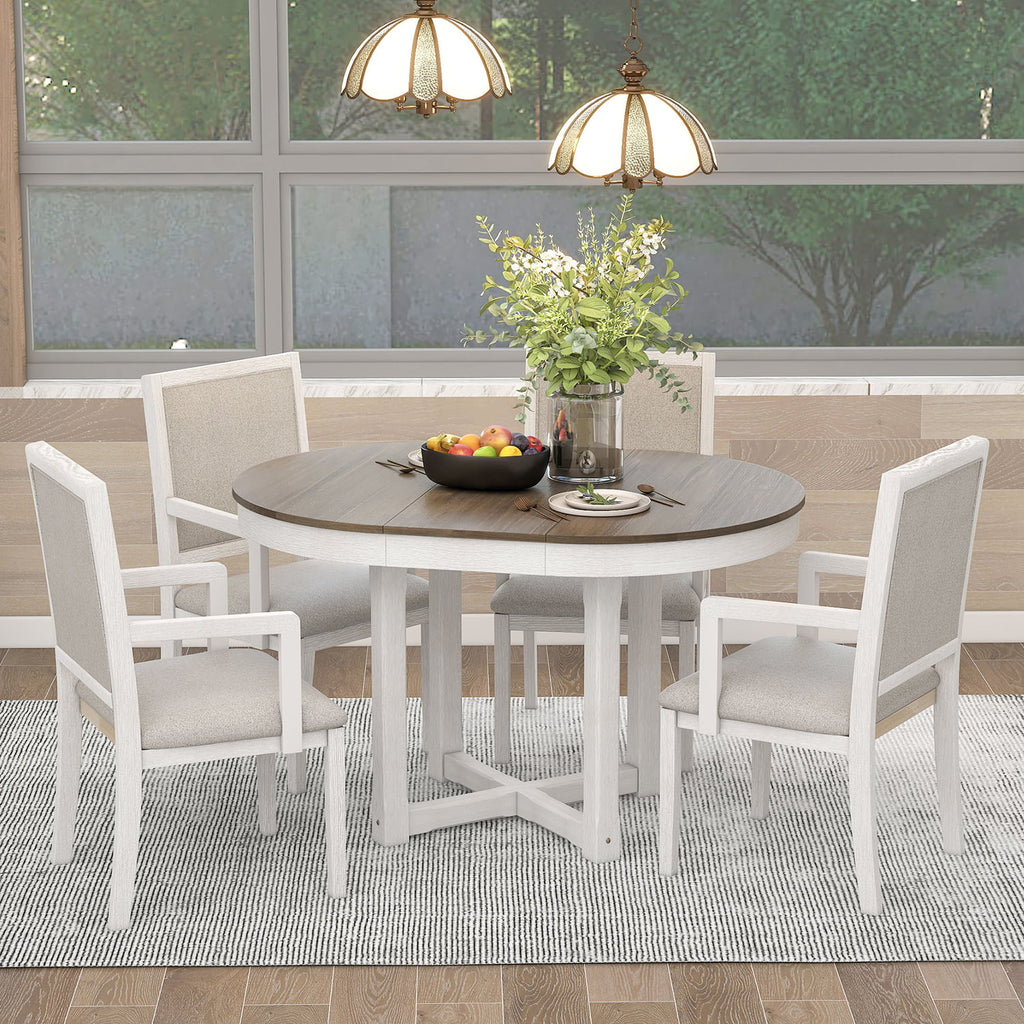 5 Piece Round Extendable Wood Dining Table Set with 4 Upholstered Chairs M852