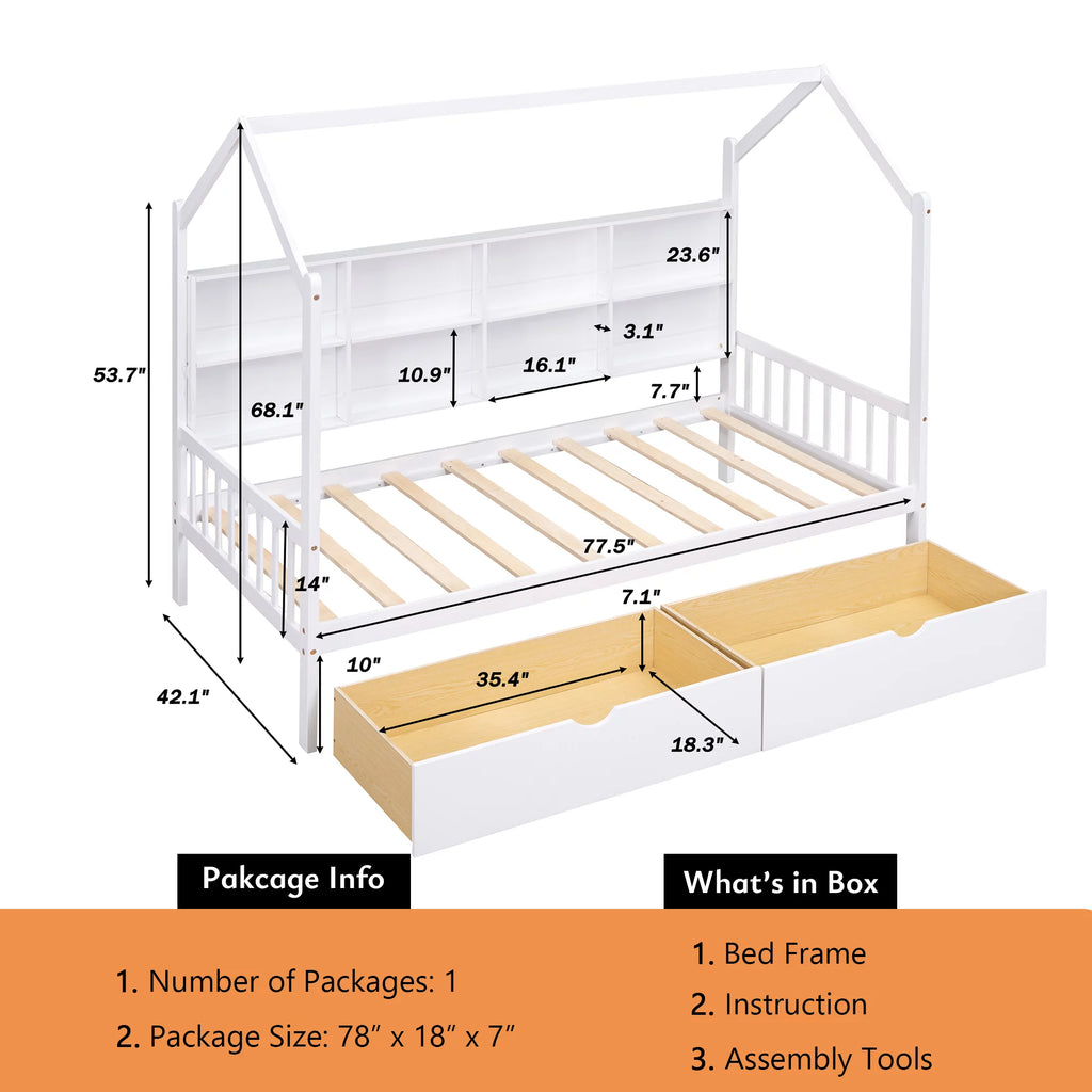 White Twin House Bed with Storage Drawers and Shelves J4041