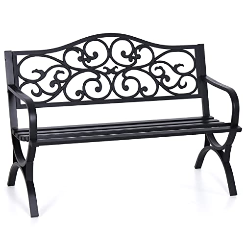 50 Inches Cast Iron Metal Patio Bench with Floral Pattern Backrest O77274