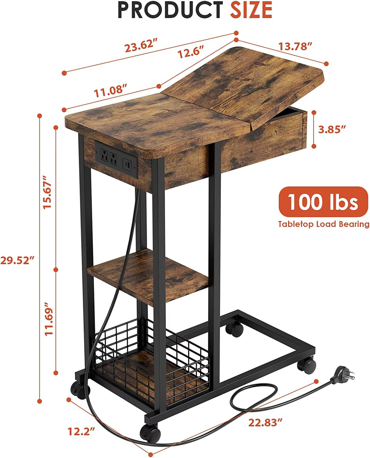 C Shaped End Table with Charging Station and 3 Tier Storage Shelf V51786