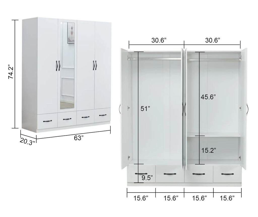 White 4-Door Wardrobe Armoire with Mirror, 2 Hanging Rods & 4 Drawers T534