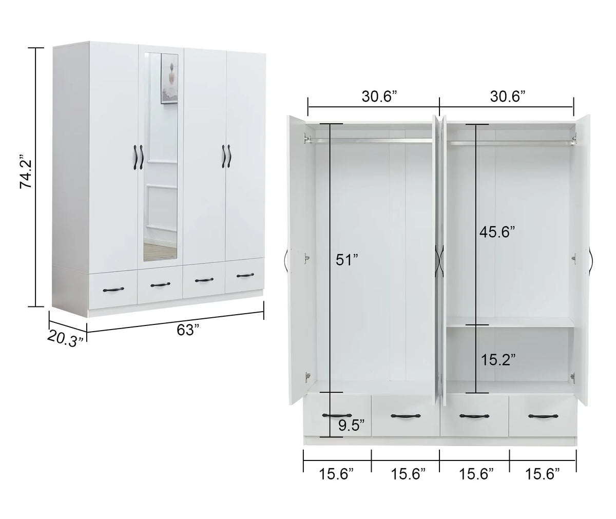 White 4-Door Wardrobe Armoire with Mirror, 2 Hanging Rods & 4 Drawers T534