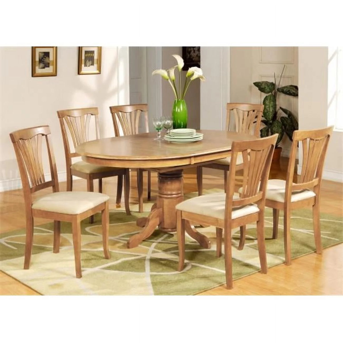 5PC Oval Dining Set with Pedestal Table and 4 Cushioned Chairs in Oak Finish Y94409