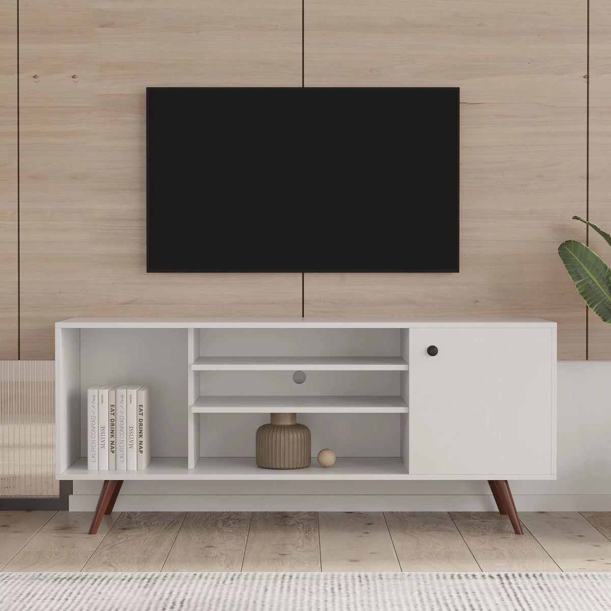 White Particle Board TV Stand with Storage and 2 Shelves M2896