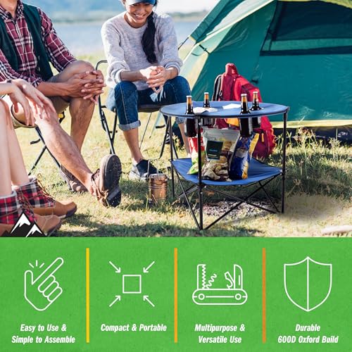 Round 2-Tier Folding Camp Table with 4 Cupholders and Carrying Bag L364817