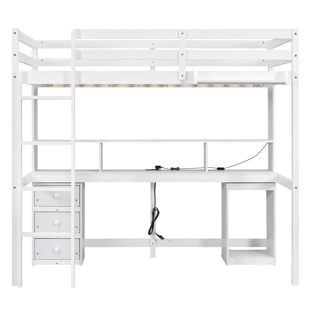 White Twin Size Loft Bed with Built-in Desk and 3 Drawers S8746