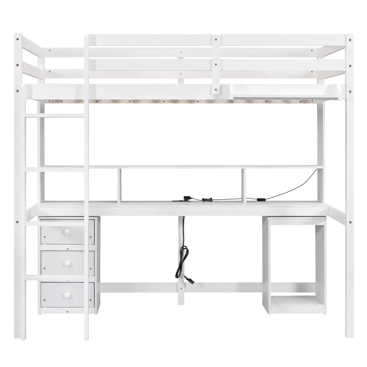 White Twin Size Loft Bed with Built-in Desk and 3 Drawers S8746