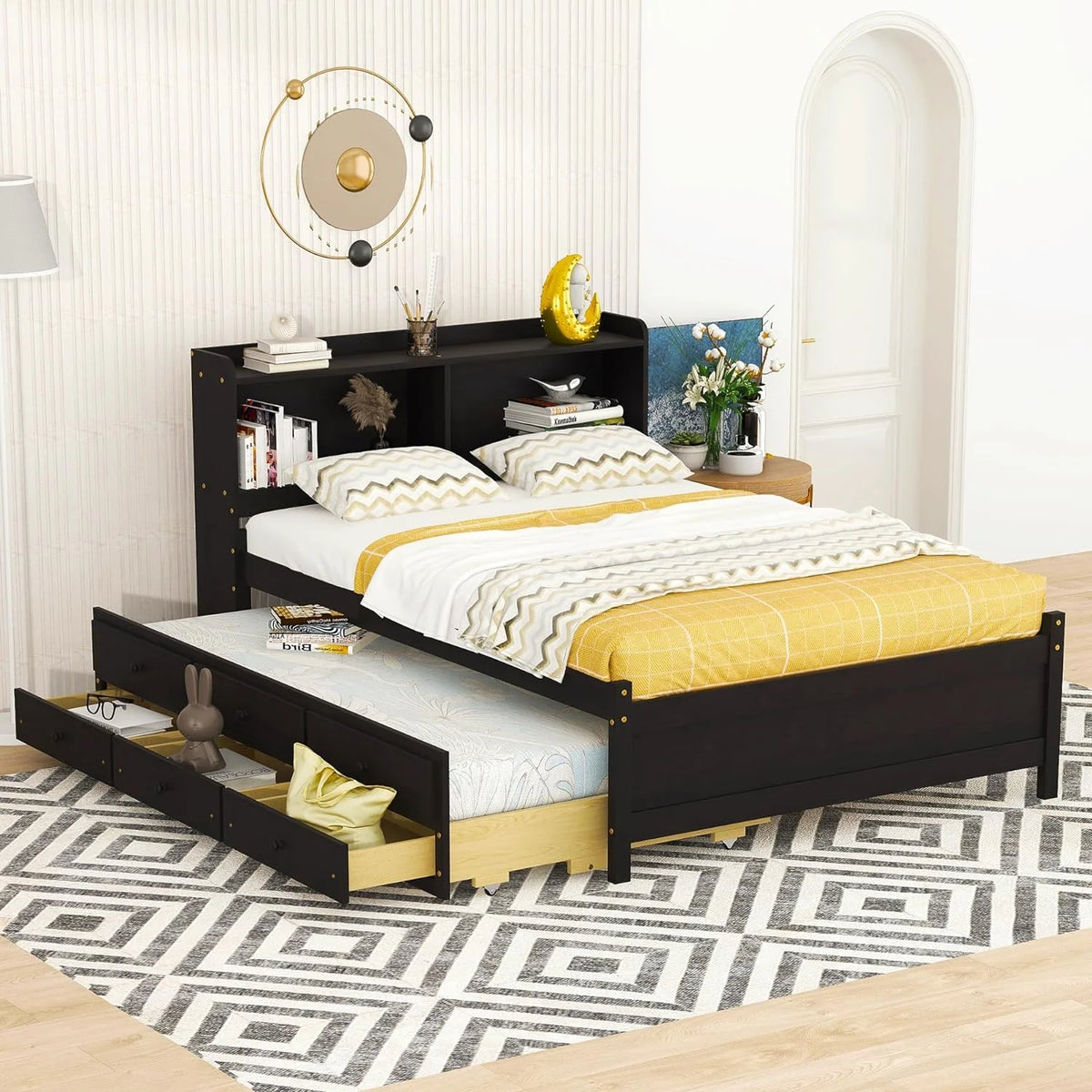 Espresso Wood Full Size Bed with Trundle and Drawers H56342