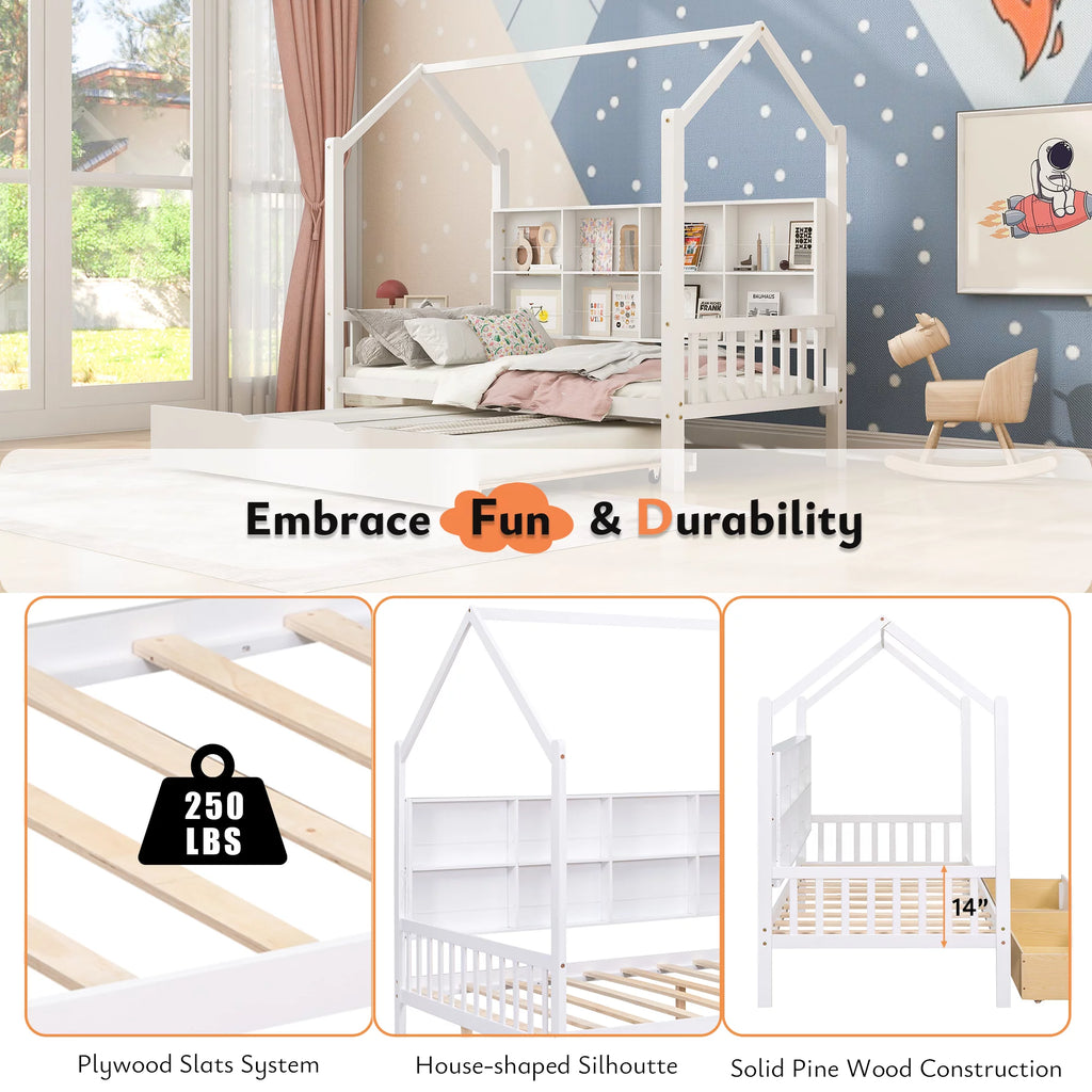 White Twin House Bed with Storage Drawers and Shelves J4041