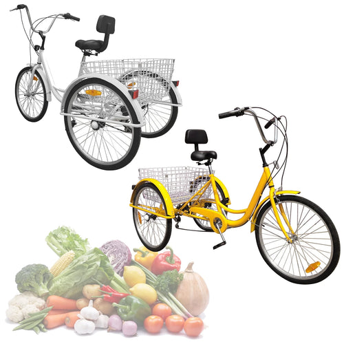 24 inch 7-Speed 3 Wheel Tricycle with Basket White/Yellow X5487