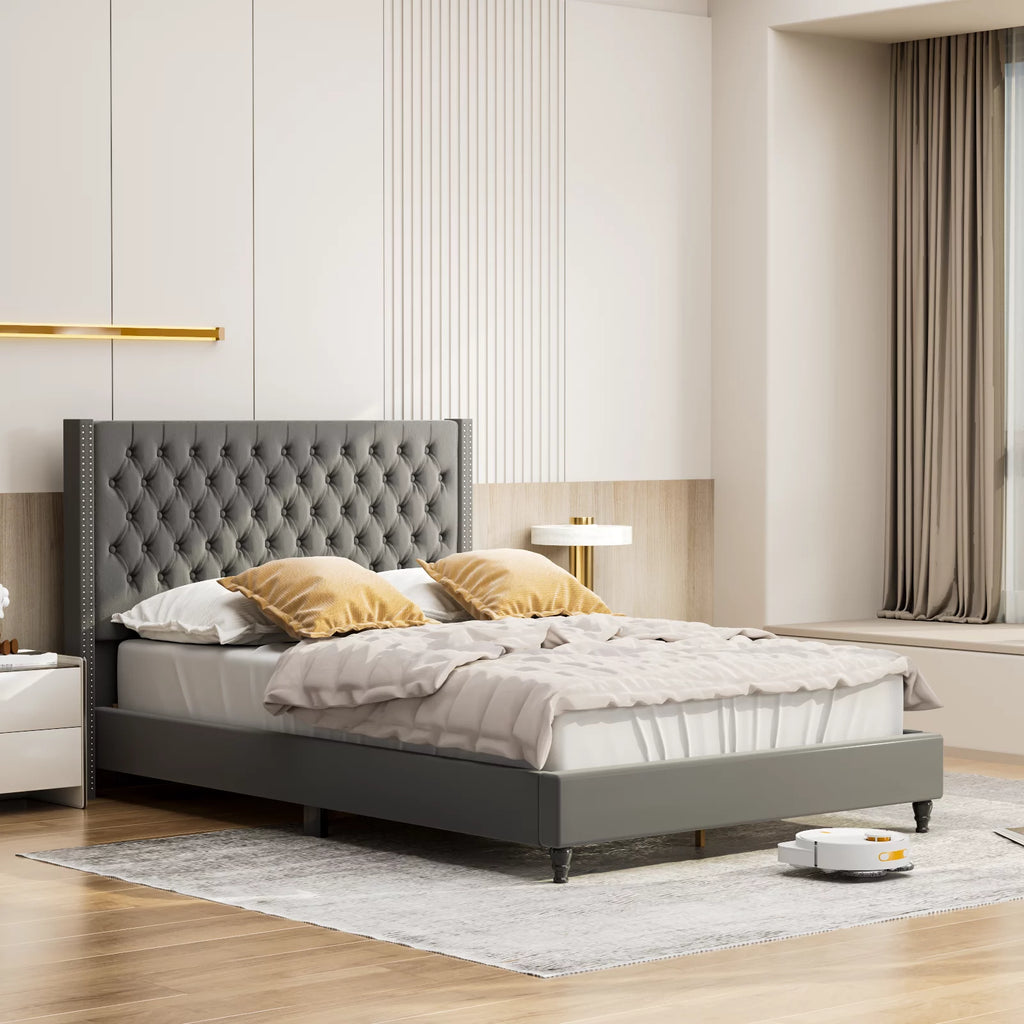 King Upholstered Tufted Platform Bed with Wooden Slats Gray G988