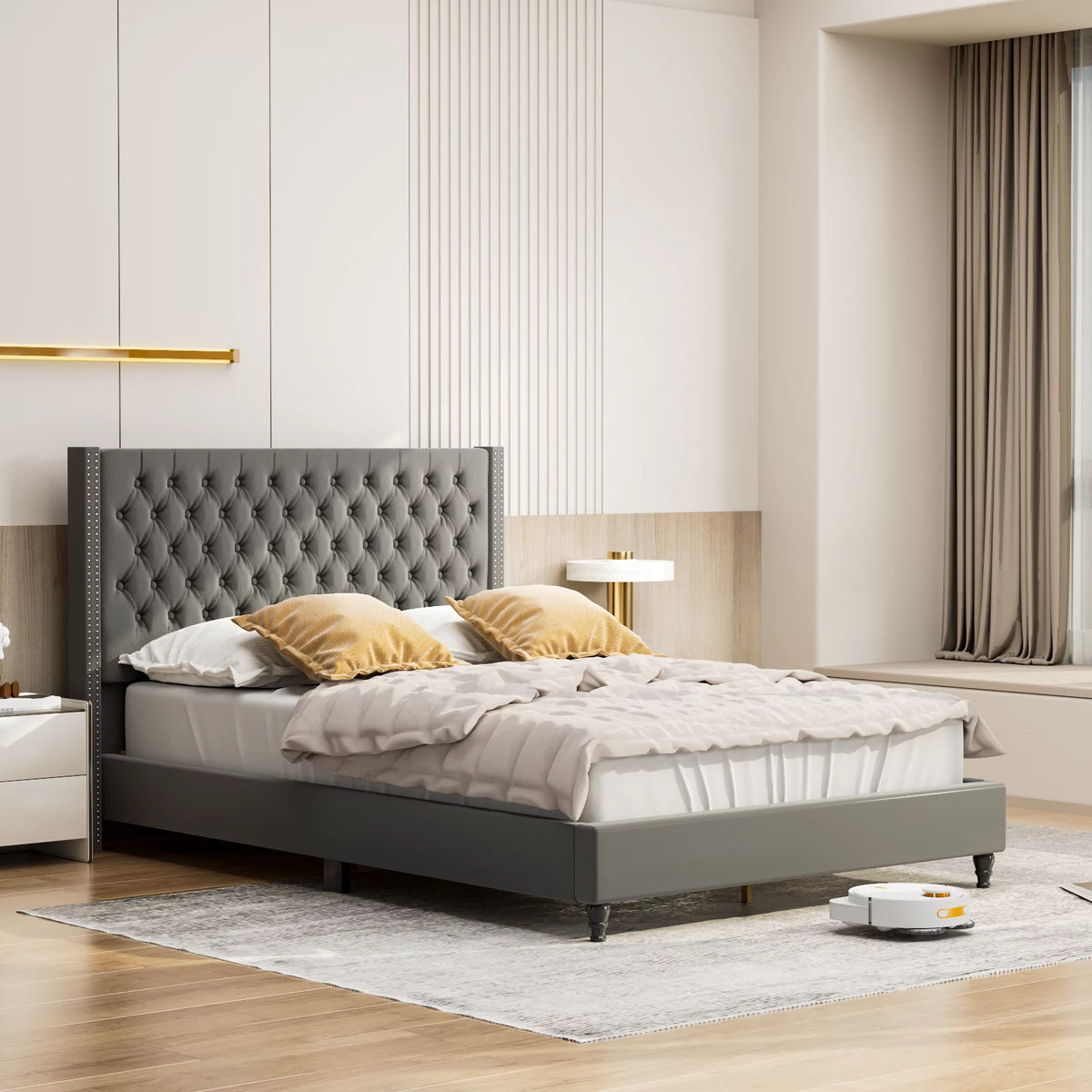 King Upholstered Tufted Platform Bed with Wooden Slats Gray G988