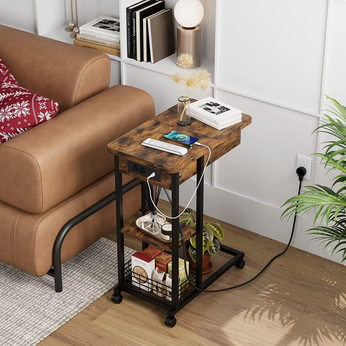 C Shaped End Table with Charging Station and 3 Tier Storage Shelf V51786