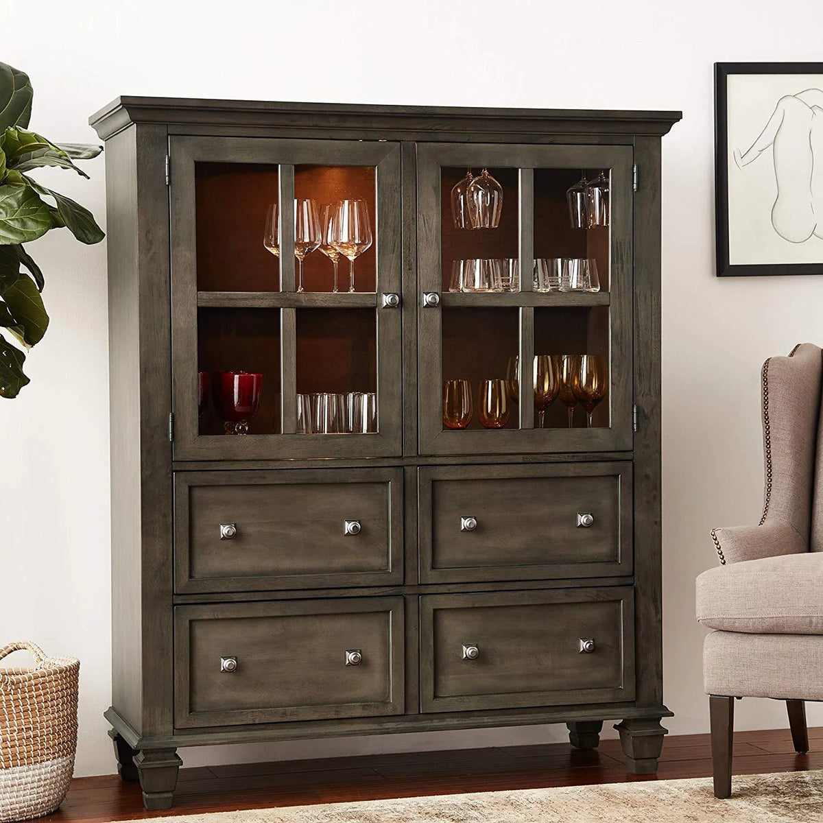 Large 4-Drawer Wood Lighted China Cabinet V644
