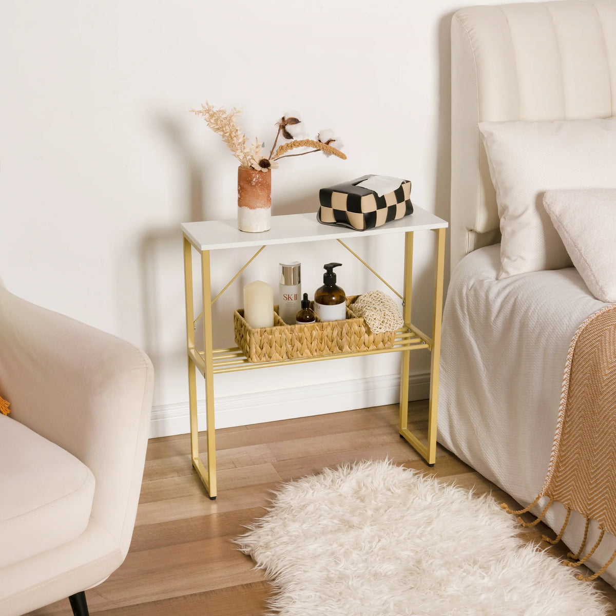 White Narrow Side Table with Shelf Z9949