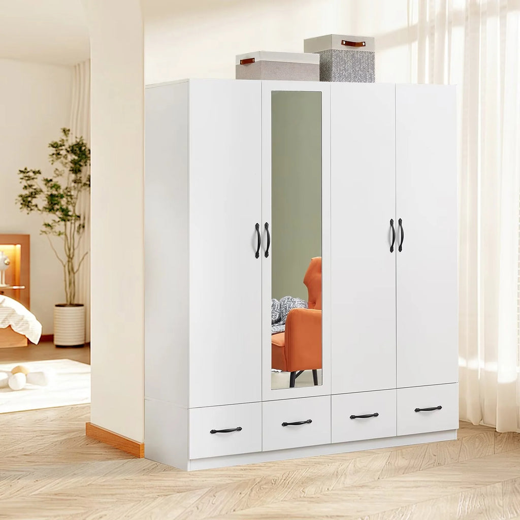 White 4-Door Wardrobe Armoire with Mirror, 2 Hanging Rods & 4 Drawers T534
