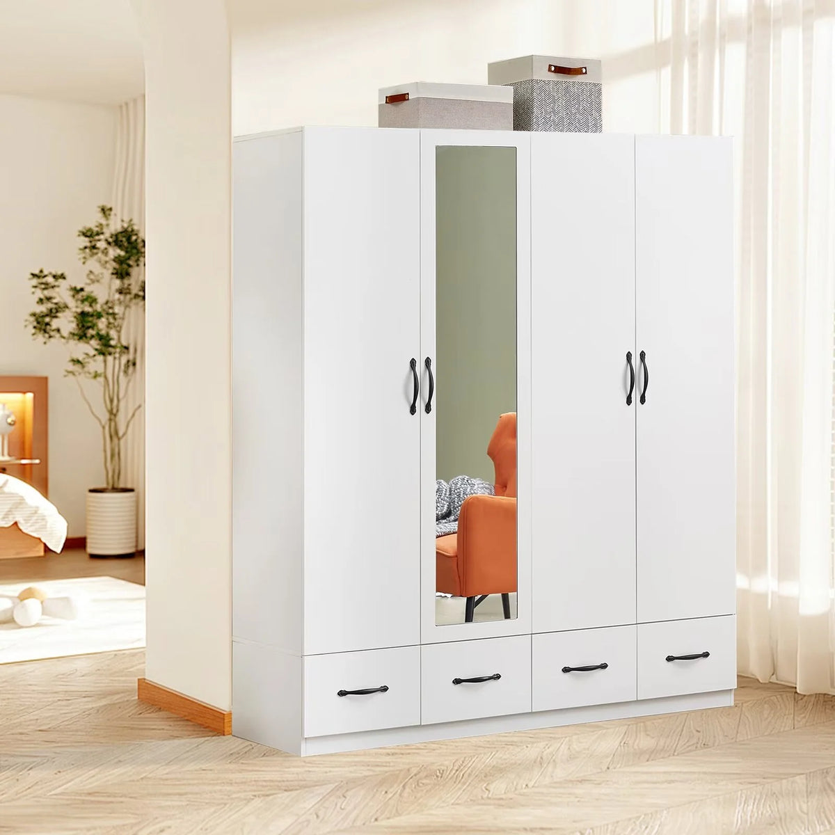 White 4-Door Wardrobe Armoire with Mirror, 2 Hanging Rods & 4 Drawers T534