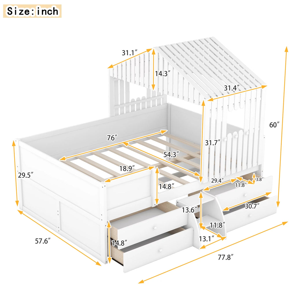 Full Size White Wooden Low Loft Bed with 4 Storage Drawers A1762