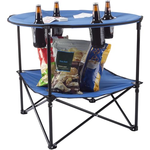 Round 2-Tier Folding Camp Table with 4 Cupholders and Carrying Bag L364817