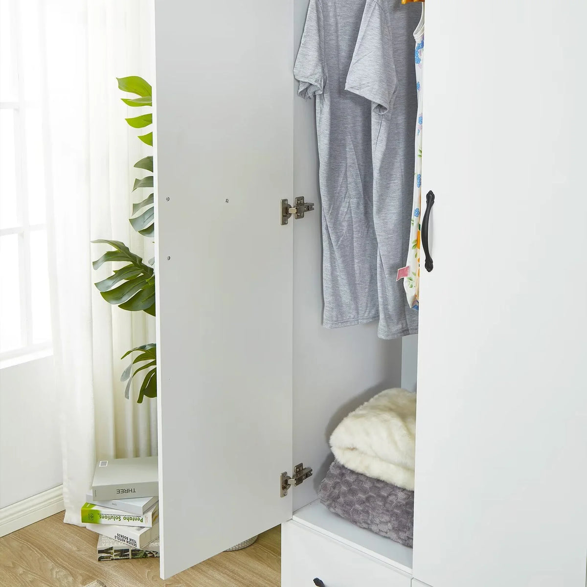 White 4-Door Wardrobe Armoire with Mirror, 2 Hanging Rods & 4 Drawers T534