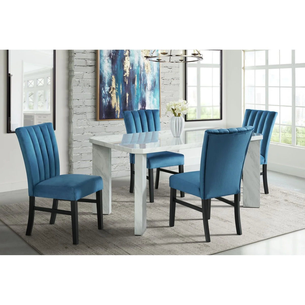 White 5PC Dining Set with Navy Blue Velvet Chairs H98974
