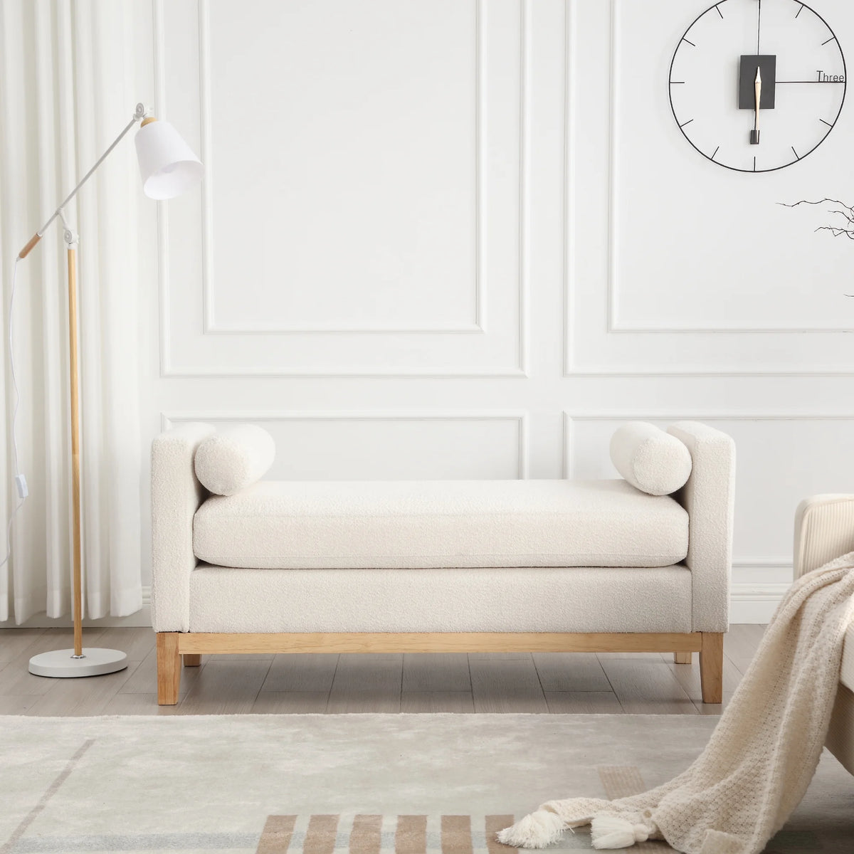 Ivory Upholstered Bench with Wood Legs W333