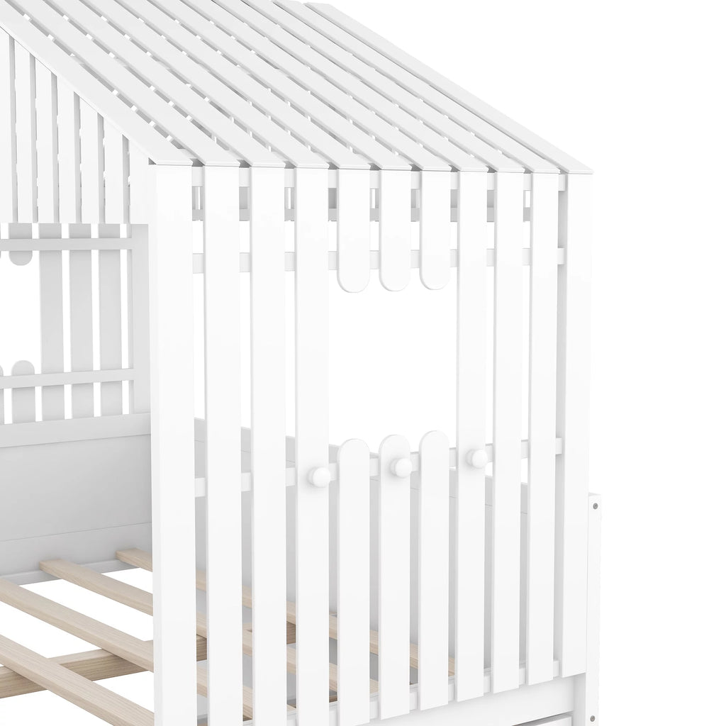 Full Size White Wooden Low Loft Bed with 4 Storage Drawers A1762