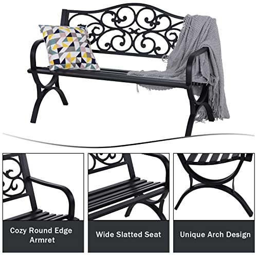 50 Inches Cast Iron Metal Patio Bench with Floral Pattern Backrest O77274